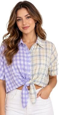 ADIKA WOMENS PURPLE IVORY PLAID COLORBLOCK TIE FRONT CROP SHIRT SIZE L NWT